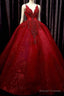 Deep Red Sparkle Beaded Thin Strap V Neck Ball Gowns Wedding Dresses With Bow Back Sweep Train & Glitter Tulle Prom Dresses