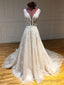 Deep V Neck And V Back Champagne Lace Long Wedding Dresses, Champagne Lace Prom Formal Evening Dresses