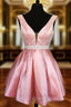 Deep V neck Pink Satin Beaded Waist Short Homecoming Dresses