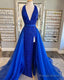 Deep V Neck Royal Blue Sequin Prom Dress Mermaid With Tulle Train