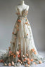 Deep V Neck Wedding Dress 3D Flowers Appliques Tulle A-Line Prom Gown