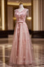 Delicate V-Neck Pink With Rhinestones Lace Appliques Prom Dresses