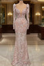 Designer Pink V Neck Lace Mermaid Prom Dress Prom Gown With Long Sleeves