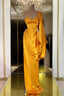 Designer Yellow Gold One Shoulder Long Evening Prom Dress With Ruffles