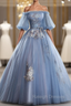 Discover The Latest Gray Blue Ball Gown Tulle Puff Sleeve Appliques Quinceanera Dress