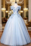 Discover The Latest Sky Blue Ball Gown Tulle Appliques Off the Shoulder Quinceanera Dress