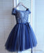 Blue Lace Off Shoulder Short Prom Dress, Blue Evening Dress