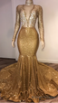Black Girl Prom Dresses, Open Back Gold Prom Dresses, Cheap With Choker Long Sleeve Mermaid V Neck Sexy Prom Gown With Crystals