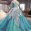 Blue Princess Sparkle Frost Fairy Queen Costume Wedding Dress, Bridal Ball Gowns Long Sleeve Long Train Cosplay Off The Shoulder