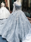 Romantic Light Grey Long Sleeves Floral Lace Applique Ball Gown Evening Dress