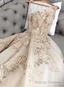 Champagne Lace Tulle Long Prom Dress, One Shoulder Prom Dress