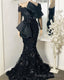 Elegant African Black Mermaid Prom Dresses, Full Sleeves Lace Appliqued Beaded Arabic Aso Prom Gown With Bow Robe De Soiree