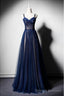 Navy Blue Tulle V Neck Long Women Prom Dress, Lace Up Prom Dress