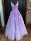 Deep V Neck Purple Lace Long Prom Dresses, Purple Lace Formal Graduation Prom Dresses