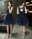 Dark Blue Lace Beading Short Prom Dress Dark Blue Prom Dress