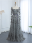 Dreamy Grey A-Line Square Neck Long Sleeve 3D Floral Sequin Tulle Long Formal Prom Dress