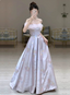 Dreamy Lavender Gray Pink A-Line Off-The-Shoulder Printed Satin Long Formal Prom Dress