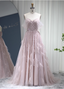 Dreamy Light Pink A-Line Sweetheart Neck Feather Beaded Tulle Long Formal Prom Dress