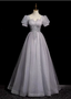 Dreamy Light Purple A-Line Square Neck Short Sleeve Tulle Long Formal Prom Dress