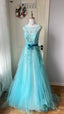 Dreamy Princess Blue A-Line Round Neck Sequined Tulle Long Formal Prom Dress