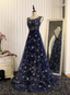 Dreamy Starry Sky Navy Blue A-Line Crew Neck Star-Patterned Tulle Train Formal Prom Dress