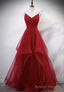 Burgundy Tulle Long Prom Dresses, V-Neck Evening Dress