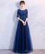 Blue Tulle Lace Long Prom Dress, Lace Prom Dress