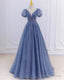 Dusty Blue Princess Sparkly Prom Dresses With Sleeves