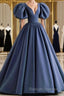 Dusty Blue Prom Dresses Puffy Sleeve Satin Ball Gown