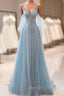 Dusty Blue Sparkly Tulle Long Prom Dress, A Line Spaghetti Strap Prom Dress