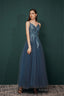 Dusty Blue Tulle A-line Low back Spaghetti strap Prom Dresses