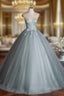 Dusty Green Tulle Floor Length Prom Dress with Lace, Elegant A Line Formal Prom Dress