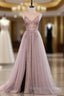 Dusty Pink Spaghetti Straps Gorgeous Beading Prom Dress A Line Split Tulle Evening Dresses