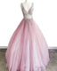 Dusty Pink Tulle Ball Gown Prom Dresses Beaded V-Neck