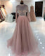 Dusty Pink Tulle Prom Dresses Beaded Long Sleeve