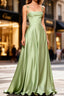 Dusty Sage Cute Satin Prom Dresses Long with Pleated