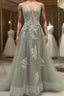 Dusty Sage Prom Dresses Plunging V Neck Appliques Lace-Up A Line Long Prom Gown