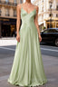 Dusty Sage Unique Satin Prom Dresses Long with Pleated