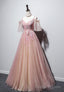 Pink V Neck Lace Long Prom Dresses, A Line Prom Dresses
