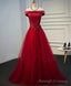 Burgundy Lace Tulle Long Prom Dress, Off Shoulder Prom Dress