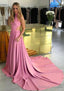 Elastic Satin Prom Dress A Line High-Neck Chapel Train With Pleated