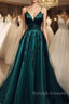 Elegant A Line Green Tulle Spaghetti Straps Appliques Prom Dress