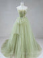 Elegant A Line Open Back Green Tulle Long Prom Dress Green Prom Graduation Prom Dress