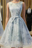 Elegant A Line Scoop Sleeveless Open-Back Silver Tulle Short Homecoming Dress