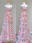 Elegant A Line Strapless Tulle Floral Pink Prom Dress