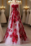 Elegant A Line Strapless Tulle Floral Red Prom Dress