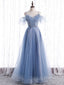 Elegant A Line Tulle Sequin Blue Long Prom Dresses Tulle Blue Prom Dresses