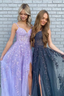 Elegant A-Line V Neck Purple/Black Tulle Lace Long Prom Dress Purple/Black Lace Prom Graduation Prom Dresses