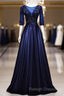 Elegant And Noble Blue Short Sleeved Lace Decal Ball Dresses With Blue V-Neck Satin And Beaded Back Zipper And Floor Length Prom Dresses