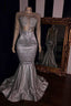 Elegant Appliques Sheer Tulle Prom Dresses Sliver Long Sleevess Mermaid Evening Gowns